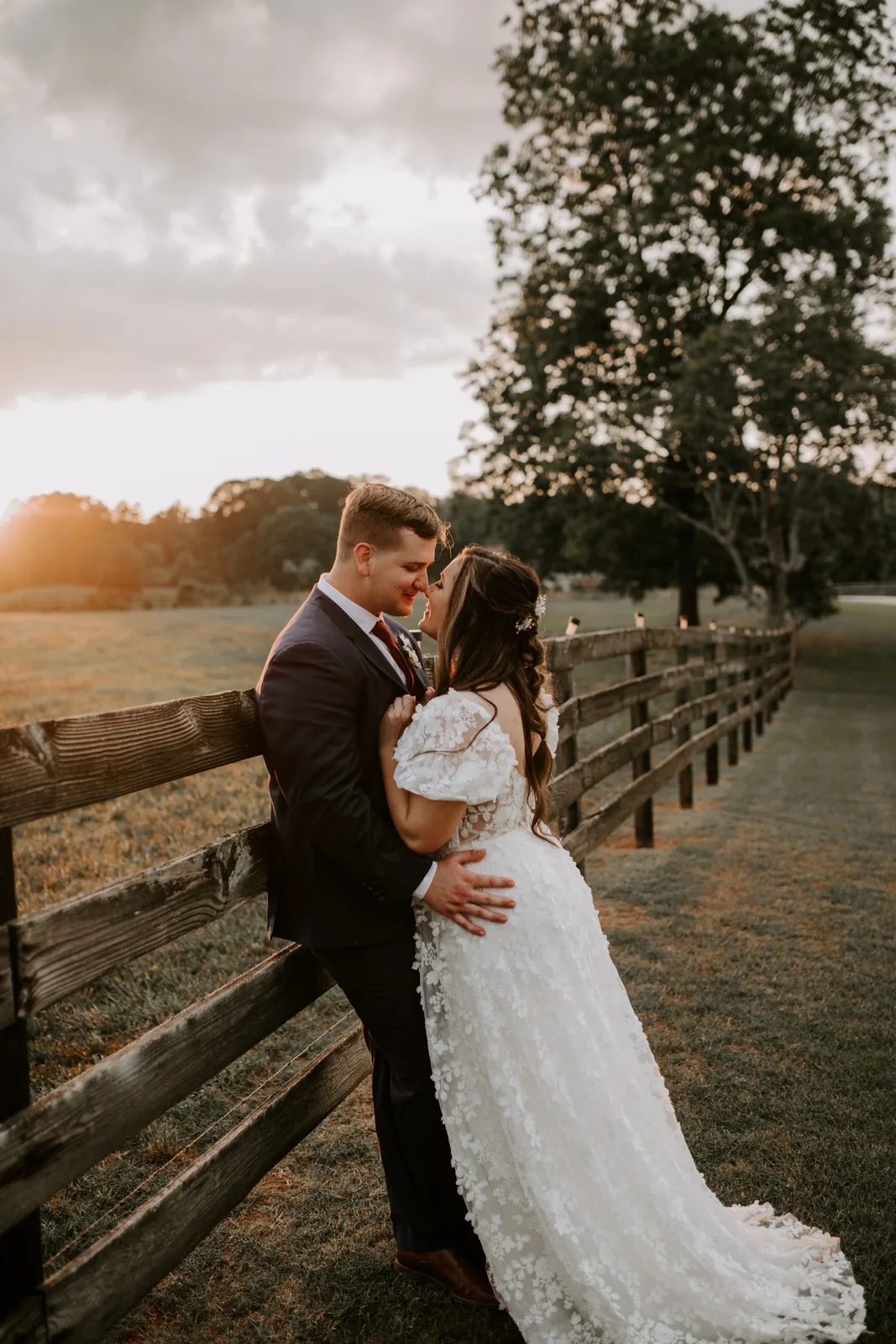Bride and groom at sunset